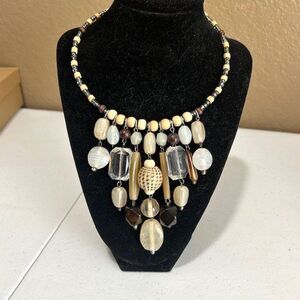 Vintage Choker Neutral Color Pendant Stones Necklace Wrap Around Beaded Style